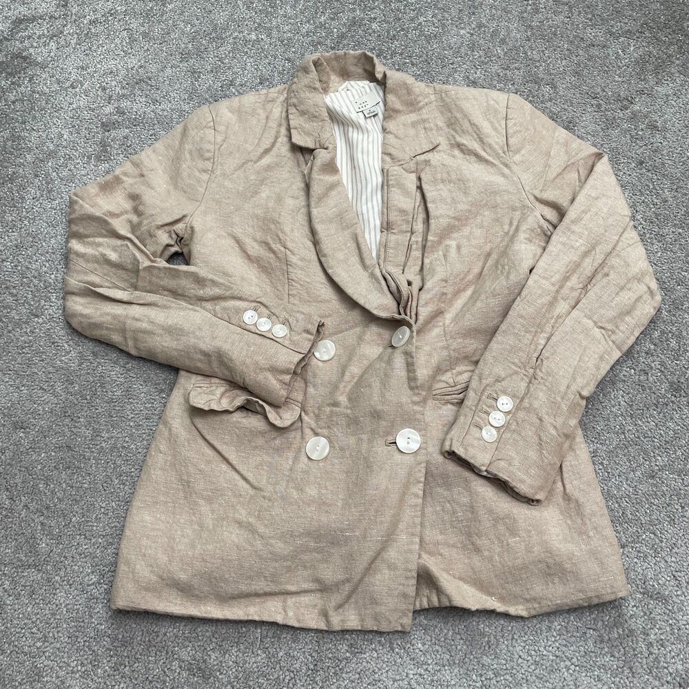 A New Day Linen Blend  Blazer Jacket Womes 2 Beige Double Breasted Work Casual